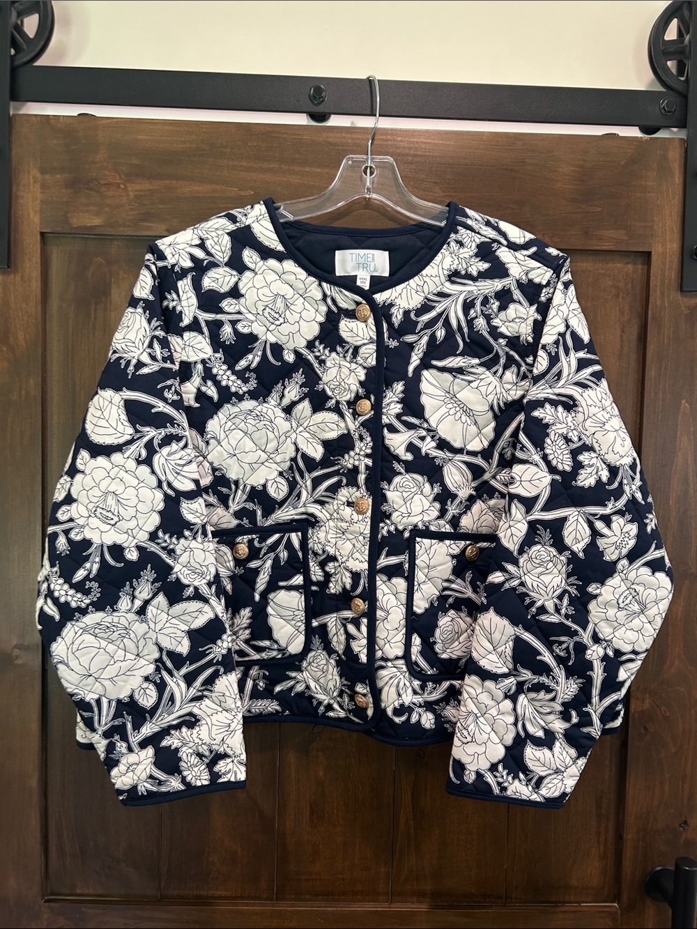 M271 Time and Tru Navy Floral Quilted Button-Front Bomber Jacket - Size XXXL